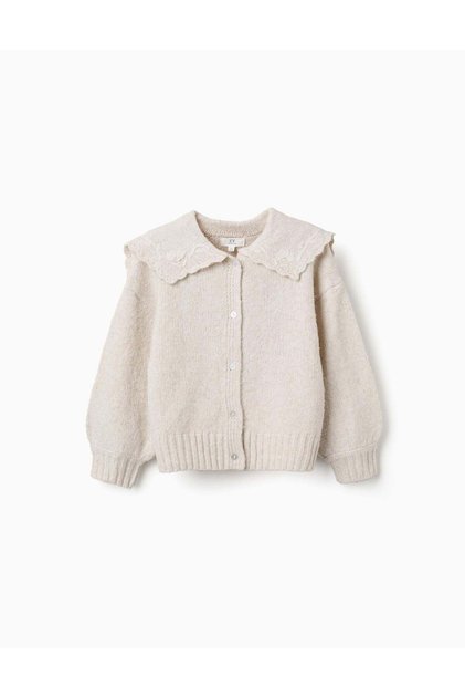 Knitted Cardigan With Embroidered Collar For Girls, Light Beige