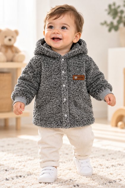 Hooded Unisex Welsoft Soft Textured Snap Fastener Winter Baby Cardigan