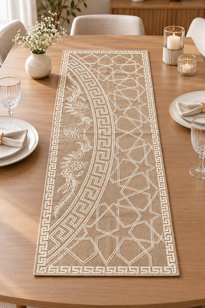 Embroidered Geometric Patterned Decorative Runner Tablecloth – 45X120 cm