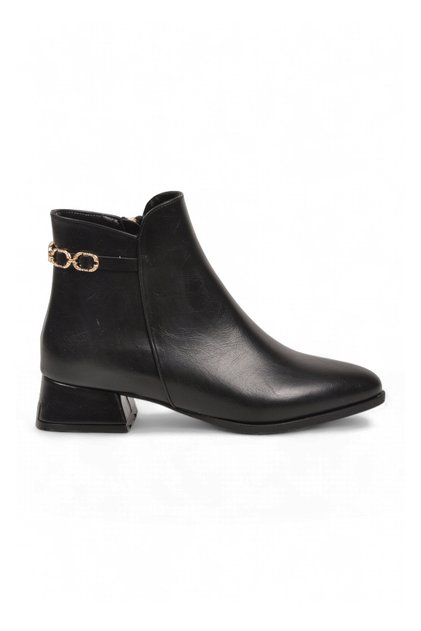 Women's Black Leather Zippered Heeled Boots with Stone Embroidery and Straps, Stylish Office and Daily Wear Boots 248286