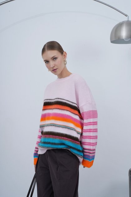 Women's Pink Crew Neck Striped Sweater