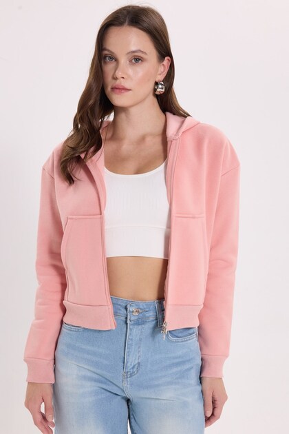 Kadın Slim Fit Dar Kesim %100 Pamuk Kapüşonlu Fermuarlı Pudra Sweatshirt