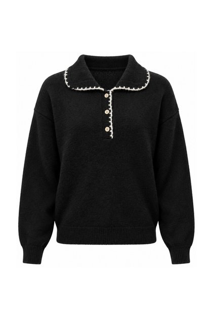 Women's Black Embroidery and Button Detailed Polo Collar Soft Textured Sweater