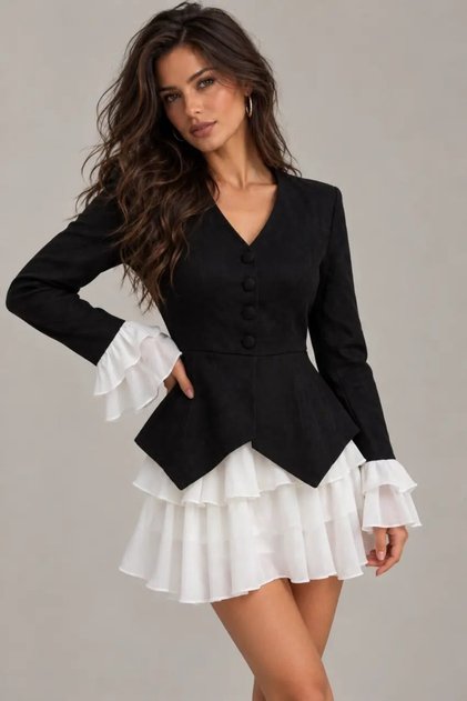 Women's Imported Fabric Black and White Flounce Skirt Detailed V-Neck Long Sleeve Mini Dress