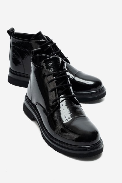 Genuine Leather Lace-Up Women's Boots Black Patent Leather Reese