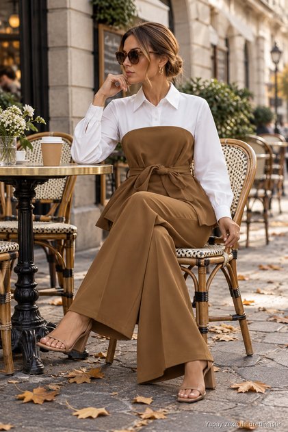Women's Long Sleeve Shirt with Collar, Tricot Detail, Asymmetrical Cut, Belted Waist, Imported Crepe Blouse and Slit Wide-Leg Pants, Two-Piece Set, Stylish Office and Event Outfit.