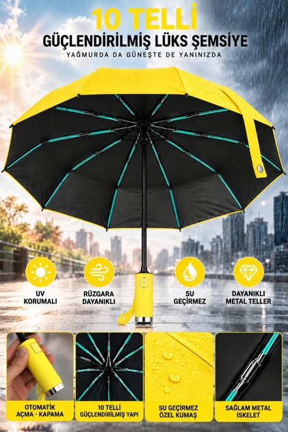 Umbrelă automată întărită cu 10 șuvițe, rezistentă la UV, rezistentă la vânt, impermeabilă