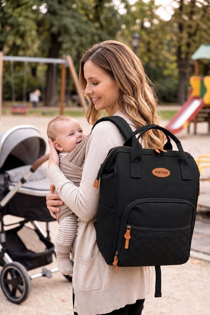 Vt-010 Mother Baby Care Backpack with Thermal Bottle Holder and Stroller Hanger Gift Black
