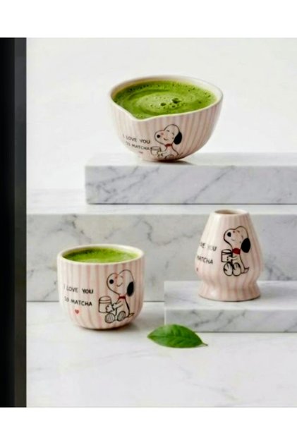 snoopy tasarımlı el yapımı matcha seti (matcha kasesi, matcha kupası, whisk tutucu
