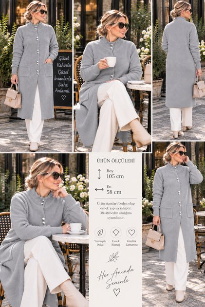 Women's Angora Long Stand Collar Flexible Buttoned Pocketed Soft Cardigan