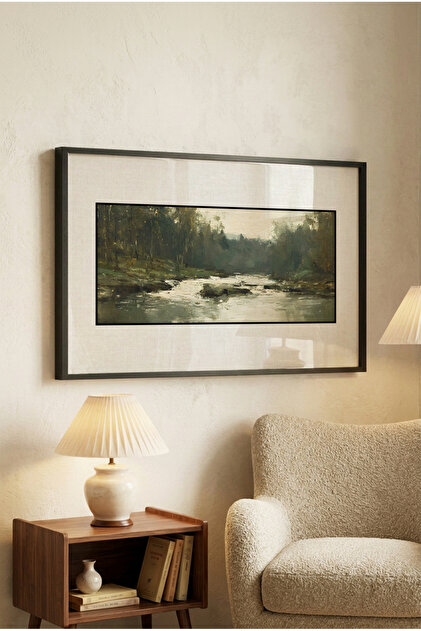 1 Piece Pvc Framed Black Wooden Framed Picture with a River and Forest Landscape View, Horizontal Wooden Painting - Home, Business, and Office Decoration Painting