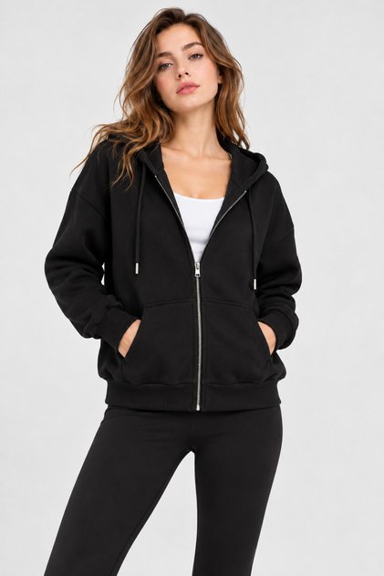 Women's Zippered Hooded Oversize Sweatshirt Cardigan with Pockets 27701 - Black
