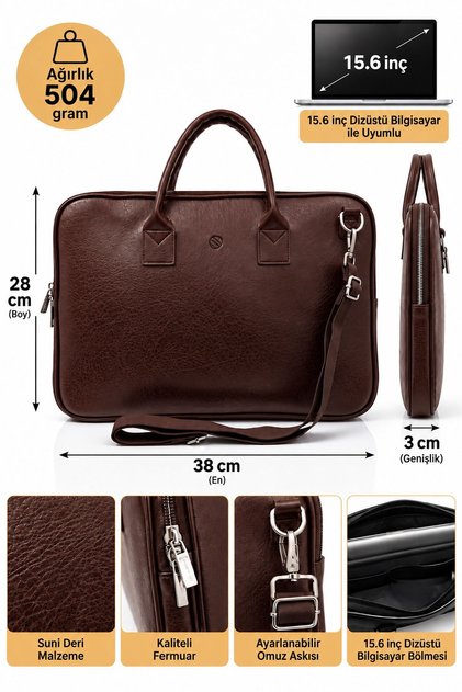 Vt-Unisex 15.6 Inch Compatible Faux Leather Shockproof Laptop and Briefcase Brown