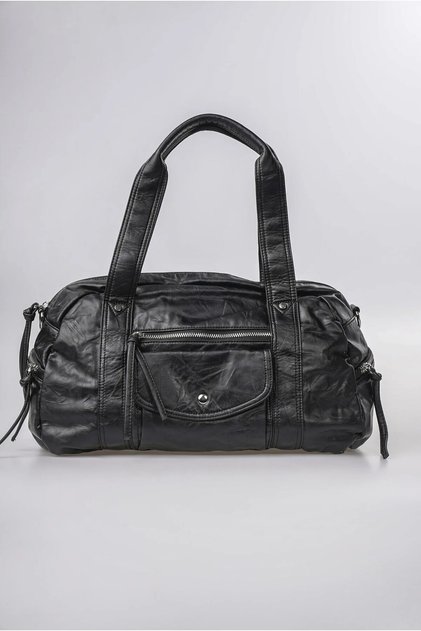 Women's Vintage Washed Leather Look Multi-Pocket Zippered Cylinder Model Shoulder and Shoulder Bag Black 18384