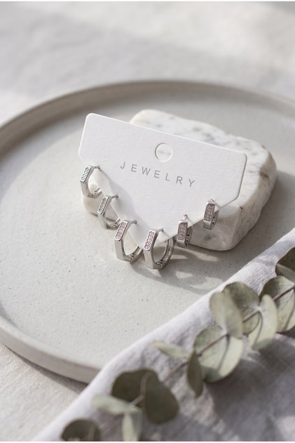 Women's Silver Color Zircon Stone 3-Piece Geometric Hoop Earring Set (Shipped with Box)