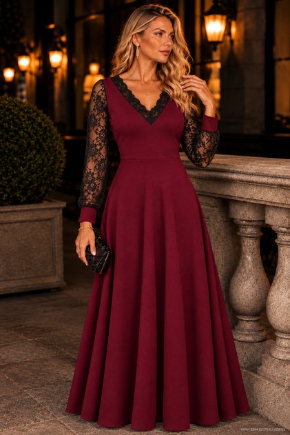 New Season Women's Long Sleeve V-Neck Lace Long Crepe Evening Dress |   Wedding-Invitation-Special Occasion Dress