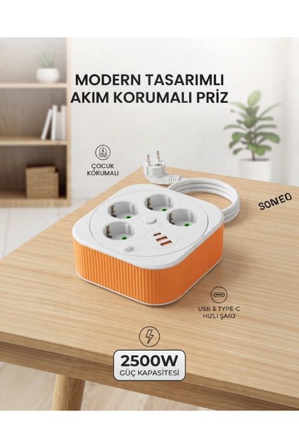 Akım Korumalı Makaralı Kablolu 4'lü Anahtarlı Grup Priz, 2500W,3 Metre 2x USB - 1x TYPE-C Girişli, Üçlü Usb'li Priz, Çocuk Korumalı, Kısa Devre Korumalı