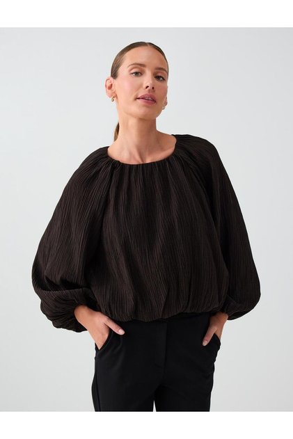 Bitter Brown Elastic Waist Crew Neck Relaxed Cut Textured Blouse