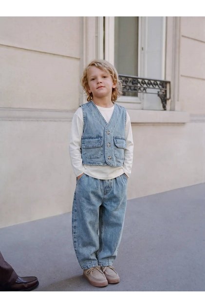 Boy's Blue Denim Vest and Baggy Pants 2-Piece Set