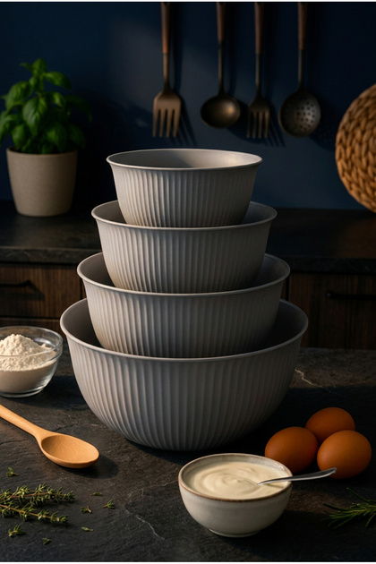 Set of 4 Plastic Mixing and Storage Bowls Gray 1-2-3-5 L