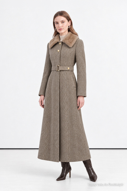 Fur Collared Mink Coat with Buckle Belt 13425