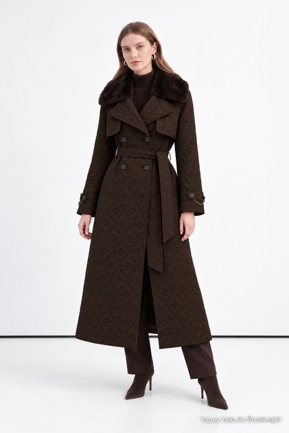 Quilted Fur Collared Belted Brown Trench Coat 13560