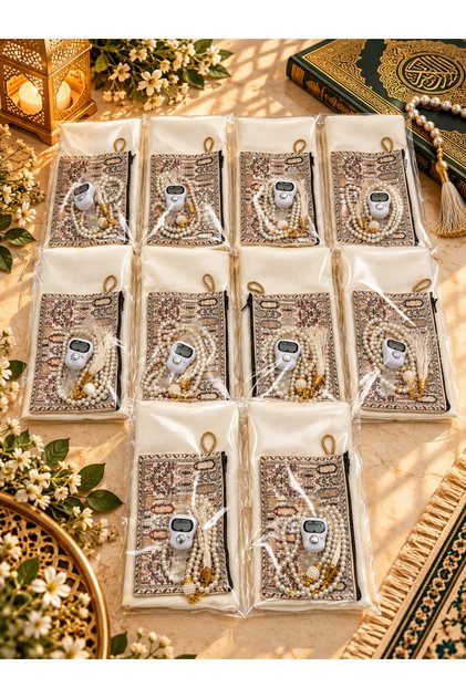 10 Pieces of Cream Gelatin Covered Prayer Beads and Plain Zikirmatik Set