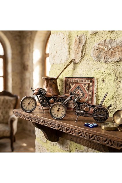 Bakır Eskitme Metal Motosiklet Figürlü Masa Saati, Romen Rakamlı Nostaljik Masaüstü Obje Ve Aksesuarı