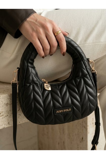 Women's Black Quilted Stitched Hand and Shoulder Bag with Gold Detail