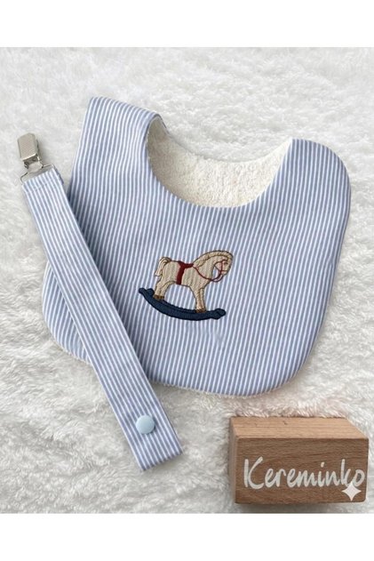 Newborn Baby Boy Horse Embroidered Blue Striped Bib & Pacifier Strap Set (with Towel Support on the Back)