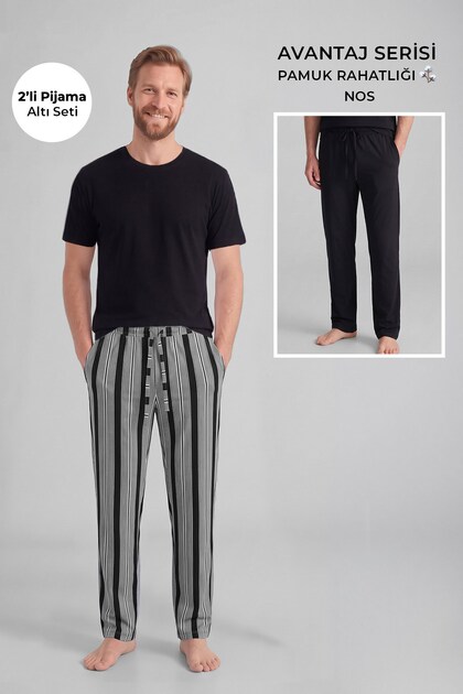 Egyptian Cotton Men's Double Bottom Pajamas Striped Black-Black