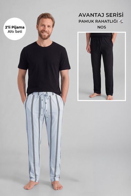 Egyptian Cotton Men's Double Bottom Pajamas Striped White-Black