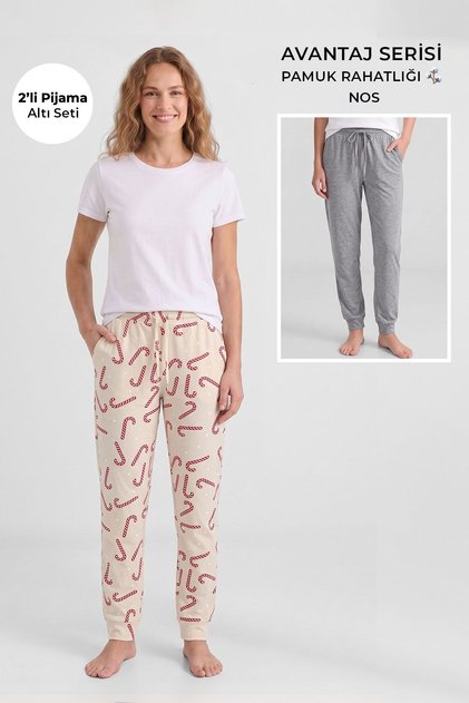 Egyptian Cotton Women's Double Bottom Pajamas Printed Ecru-Grey Melange