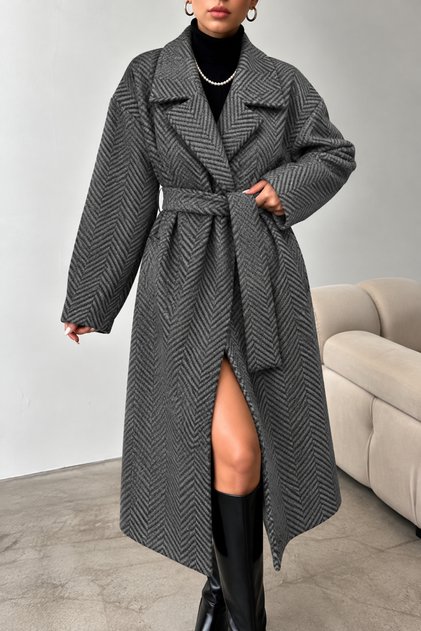Women's Herringbone Patterned Belted Long Cashmere Coat Model