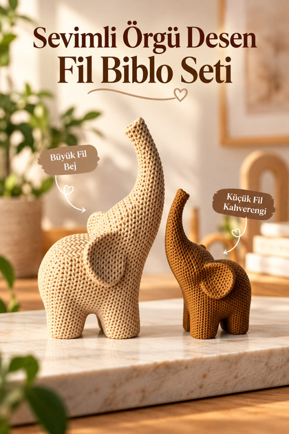 Sevimli Örgü Desen Fil Biblo Seti 2'li Dekoratif Fil Biblo Büyük Bej Küçük Kahverengi