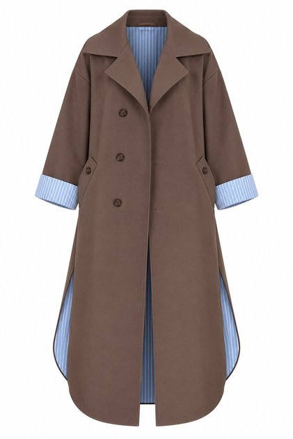 Brown Striped Lining Detailed Side Slit Trench Coat - 4273