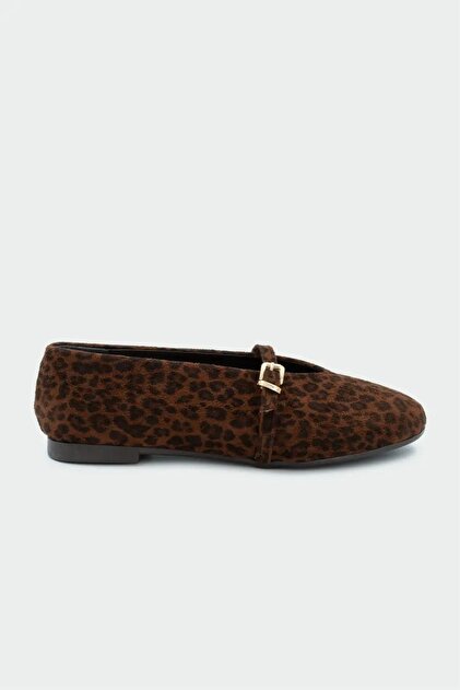 Velly Buckle Detailed Mary Jane Women's Tan Leopard Ballerinas