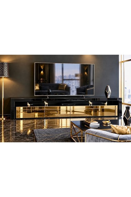 SİYAH CAMLI GOLD AYNALI 4 ÇEKMECELİ DEKORATİF TV SEHPASI 220x40 YÜKSEKLİK 45 CM