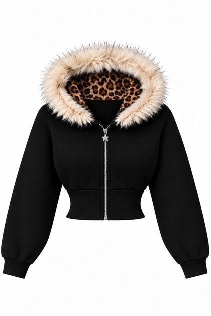 Women's Leopard and Fur Detailed Cropped Cardigan