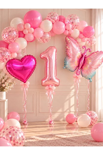 Party 1 Year Old Pink Butterfly Themed Birthday Balloon Set with Heart and Number Foil Balloons for Ages 1-9