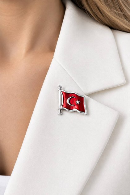 Gümüş Rengi Türk Bayrağı Yaka Rozeti Broş