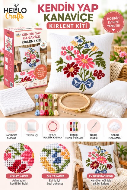Kendin Yap Kanaviçe Kırlent Kiti – Etamin Nakış Seti, Çiçek Desenli Dekoratif Yastık Yapım Seti, DIY Hobi Seti