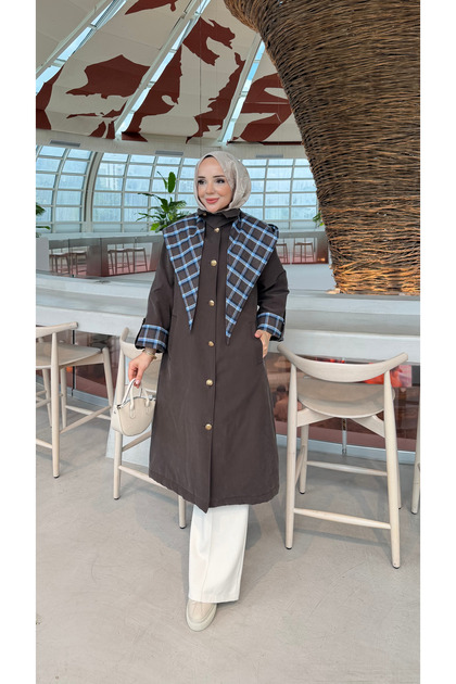 Plaid Detailed Quilted Long Women's Trench Coat