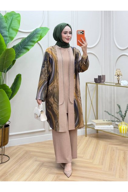 Large Size Oval Stone Detailed Knitted Fabric Three-Piece Set