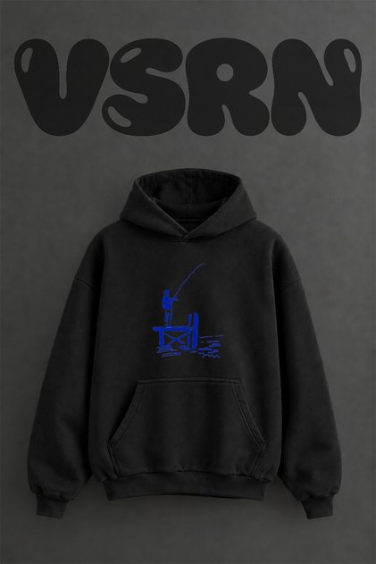 Balikci Iskele Design Pre-Printed Oversize Black Hooded Sweatshirt