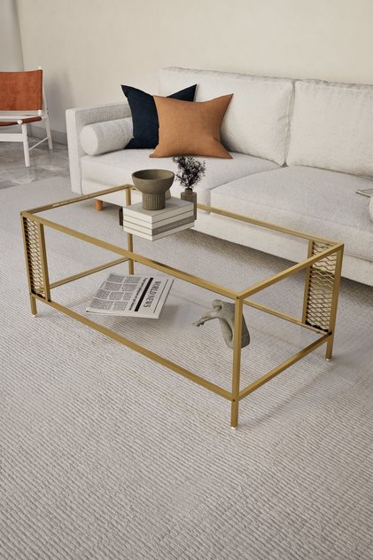 Freya Gold Dikdörtgen Camlı Orta Sehpa 100x50x45 cm Modern Metal Ayaklı 2 Katlı Dekoratif Salon Sehpası