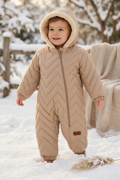 Cozycloud Plush Hooded V-Padded Baby Romper - Windproof Latte Beige Winter Baby Romper