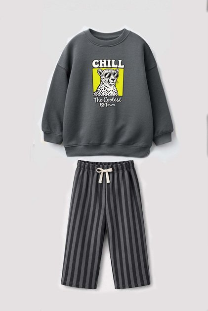 Boys' 3-Yarn Fabric Leopard Print Sweatshirt and Striped Bottom Top Set