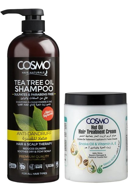 Cosmo Anti Dandruff & Damage Repair Hair Care Combo | Tea Tree Oil Shampoo 480ml & Snake Hot Oil Treatment Cream 1000ml | Scalp Therapy & Intensive Hair Repair | Sulfate & Paraben Free