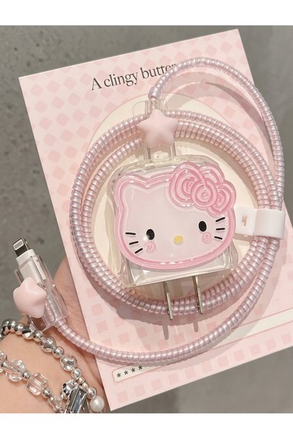 iPhone 18W/20W/25W Uyumlu Hello Kitty Pembe Yıldız Şarj Aleti Koruyucu Şarj Kablosu Örme Aparatlı Koruyucu ve Toparlayıcı